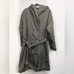 Dex khaki hooded puffer trench coat, belted oversized NWT